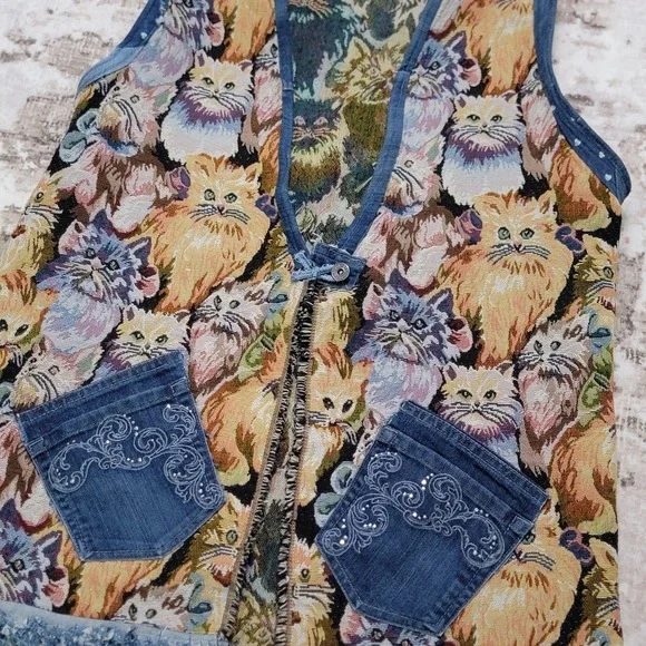Handmade Cat Tapestry Vest Denim Trim Pockets Cottagecore Boho Upcycled - Picture 4 of 9